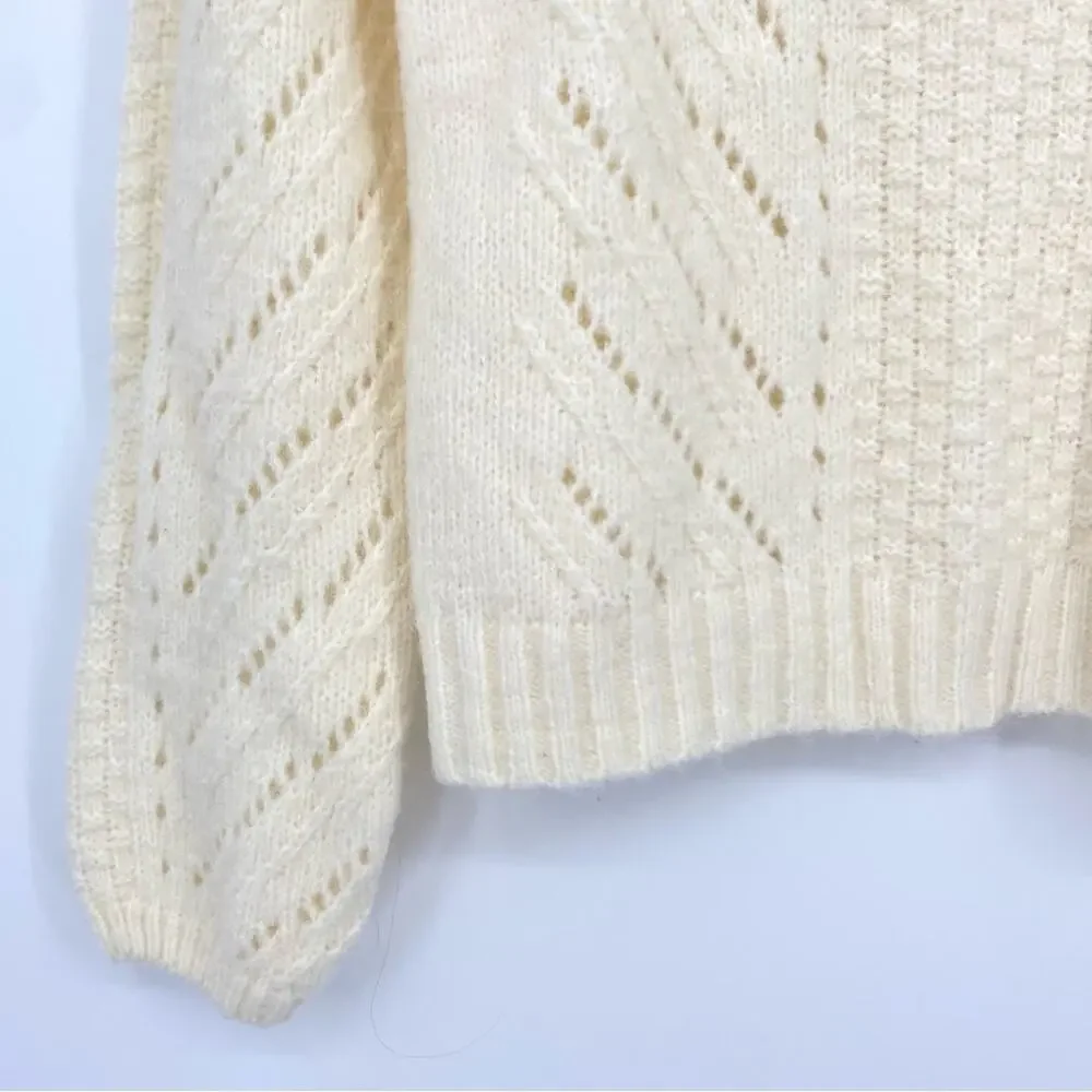 NWOT ELODIE Pointelle Ivory Knit Crew Neck Sweater Size XS Bohemian